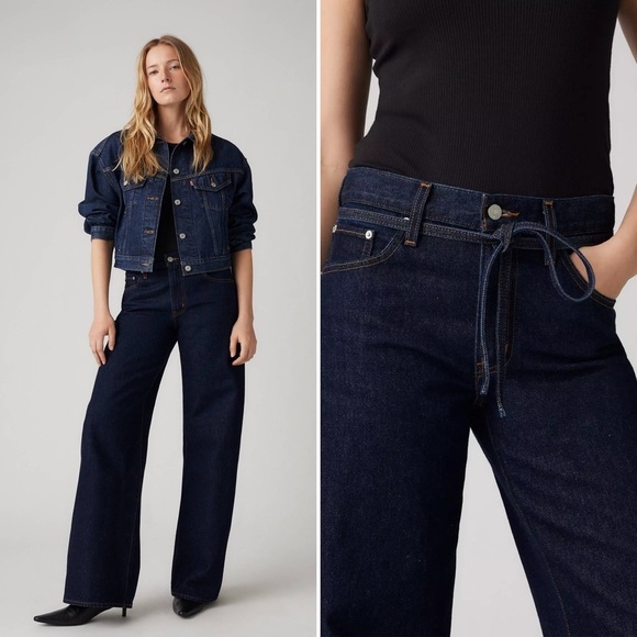 Levi's XL Wide Leg Straight Jeans 32 High Dark Denim Blue Waist Tie Classic - Picture 1 of 15